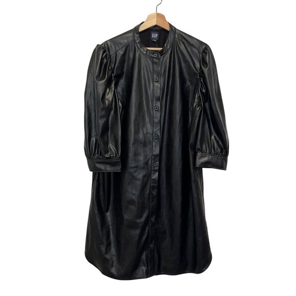 NWT Gap Black Puff Sleeve Faux-Leather Mini Shirtdress Women sixe XXL - Picture 2 of 8